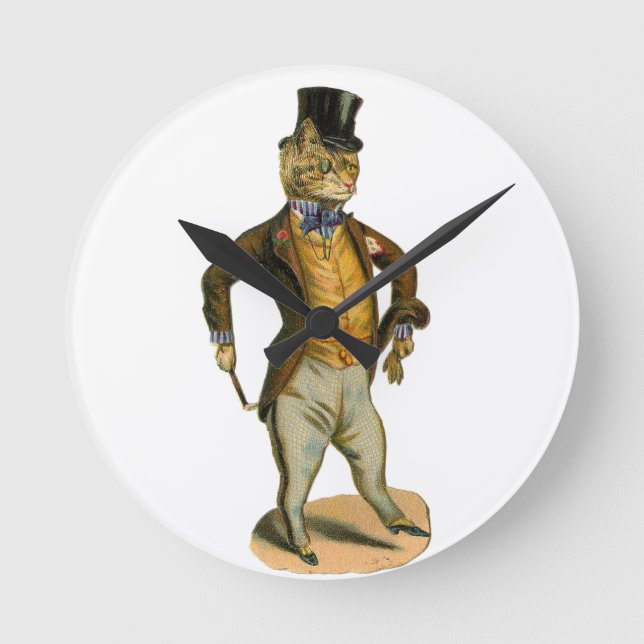 Victorian style cat with top hat rund klocka (Framsida)