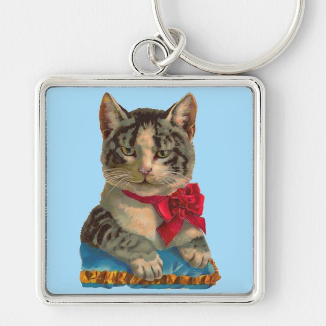 Victorian tabby katt fyrkantig silverfärgad nyckelring (Framsidan)