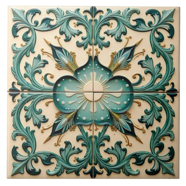 Victorian Teal Laurel Kakelplatta (Framsidan)
