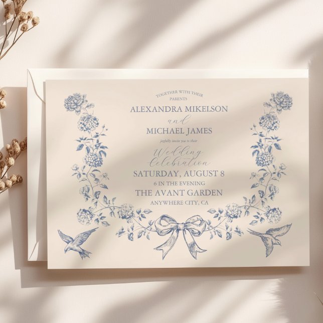 Victorian Toile Fransk Blue Classic Bröllop Inbjudningar (Skapare uppladdad)