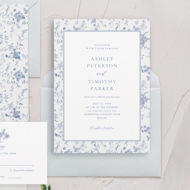 Victorian Toile Fransk Blue Classic Bröllop Inbjudningar (Skapare uppladdad)