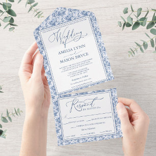 Victorian Toile Vintage Blue Blommigt Bröllop