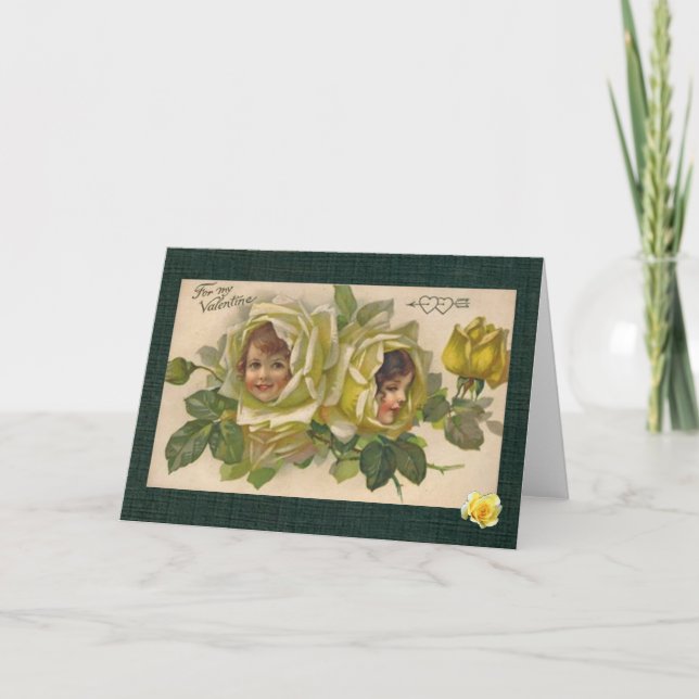 Victorian Valentine 2 Flickor Gula Rosor Kort (Framsida)