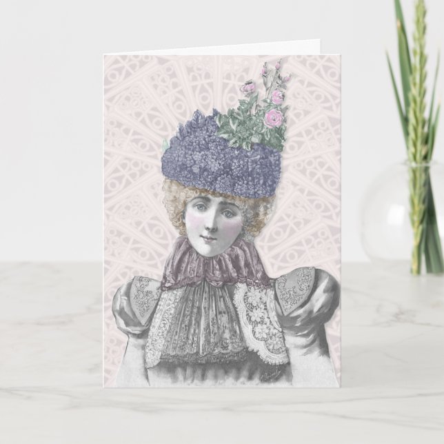 Victorian Valentine - kvinnor med lilac Hat Helgkort (Framsida)