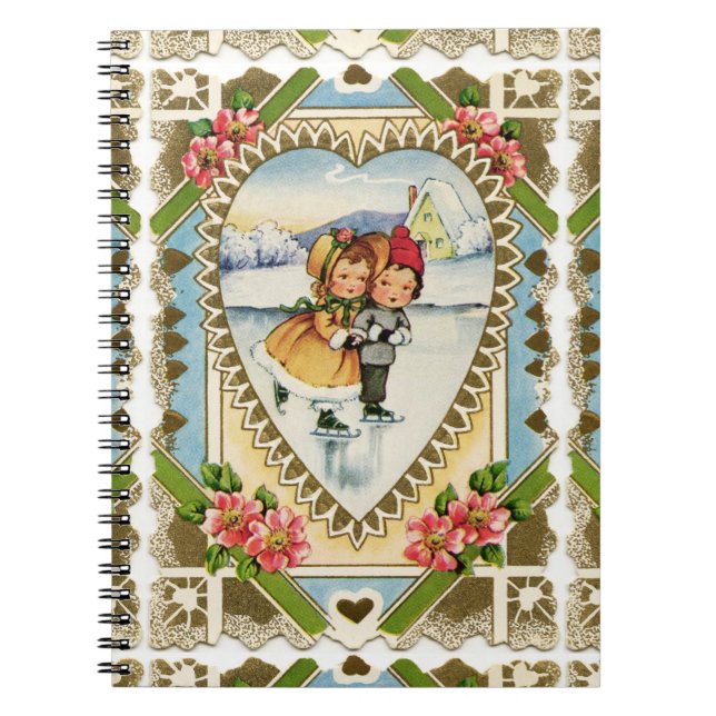 Victorian Valentine med Girl and Boy Skating Anteckningsbok (Framsidan)