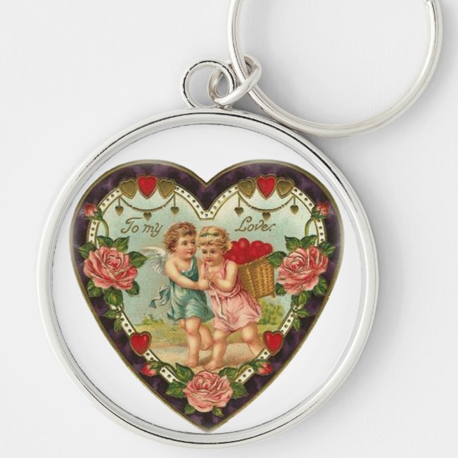 Victorian Valentine till min Kärlek II Rund Silverfärgad Nyckelring (Framsidan)