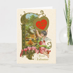 Victorian Valentine w/Cupid, Bleeding Hearts+Scene Helgkort