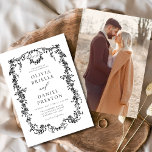Victorian Vintage Fransk Photo Black Bröllop Inbjudningar<br><div class="desc">Transportera dina gäster till en elegans och romantik med vår Viktorianska Vintage Fransk Black Blommigt Bröllop-inbjudan. Inspirerad av den vanvorianska tidsåldern och försedd med delikat blått Fransk blommigtar, utstrålar den här inbjudan att vara sofistikerad. Den invecklade detaljrikedomen, den invecklade utformningen av blommigten och den vintage-inspirerade typografin skapar en känsla av...</div>