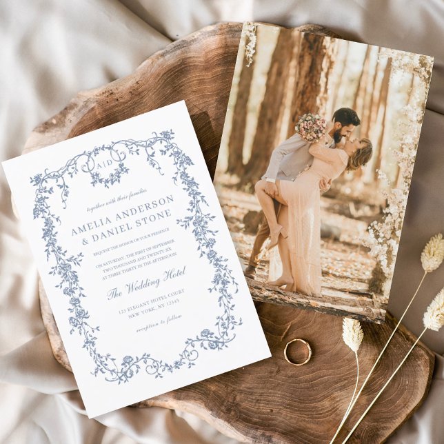 Victorian Vintage Fransk Photo Blue Bröllop Inbjudningar (Skapare uppladdad)