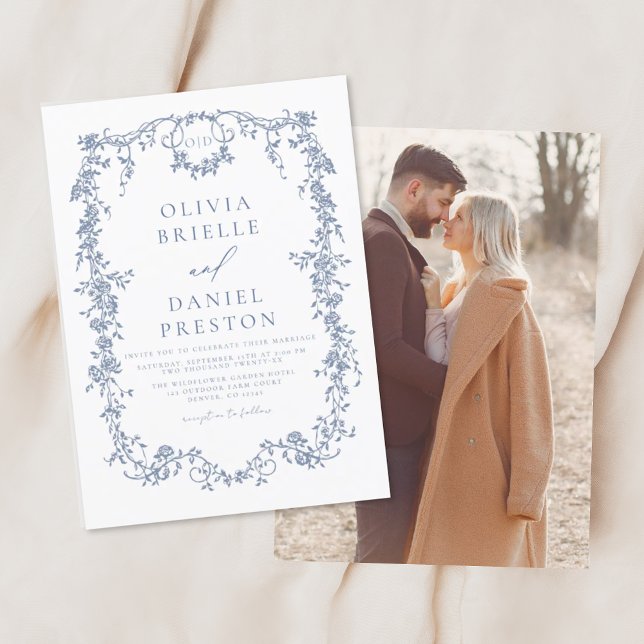 Victorian Vintage Fransk Photo Blue Bröllop Inbjudningar (Skapare uppladdad)