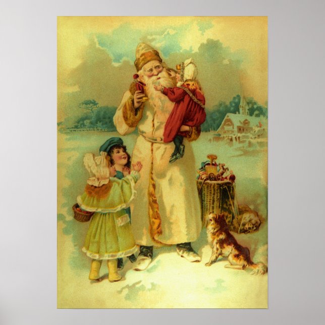 Victorian Vintage jul Jultomten Kids Puppy Poster (Framsidan)