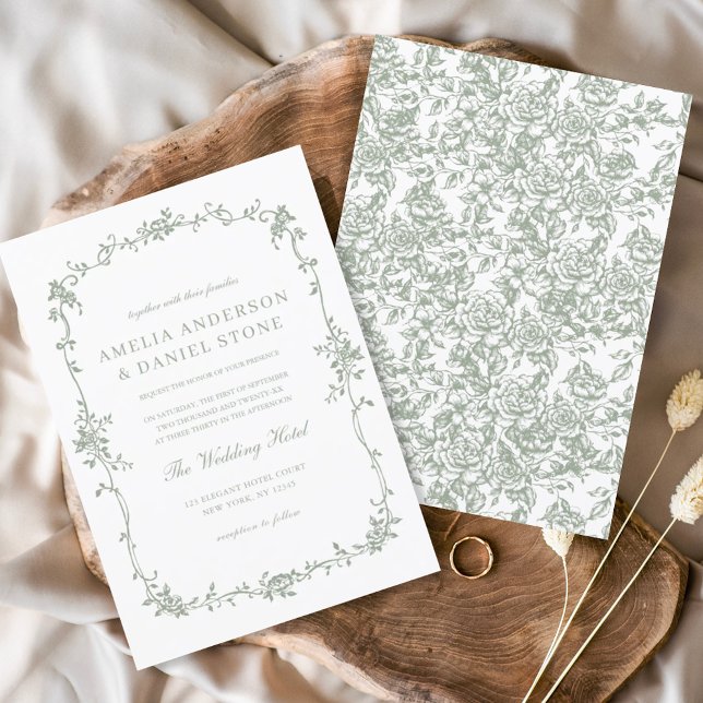 Victorian Vintage Sage Grönt Blommigt Bröllop Inbjudningar (Skapare uppladdad)