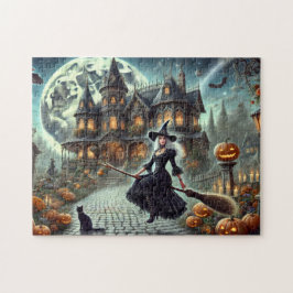 Victorian Witch Halloween Moonlit Haunted House Pussel