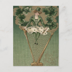 Victorian Woman Harp Shamrock Grönt Top hat Vykort