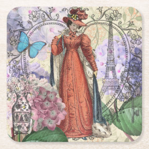 Victorian Woman i Red Colorful Mode Underlägg Papper Kvadrat