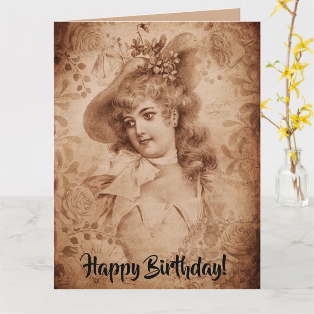 Victorian Woman in Hat Flowers Sepia Monochrome Kort (Gul blomma)
