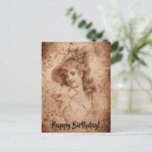 Victorian Woman in Hat Flowers Sepia Monochrome Vykort