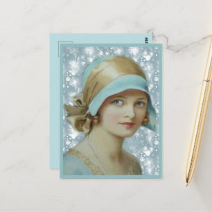 Victorian Woman in Light Blue Hat & Dress Vykort