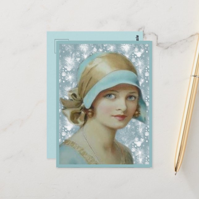 Victorian Woman in Light Blue Hat & Dress Vykort (Fram/Back In Situ)