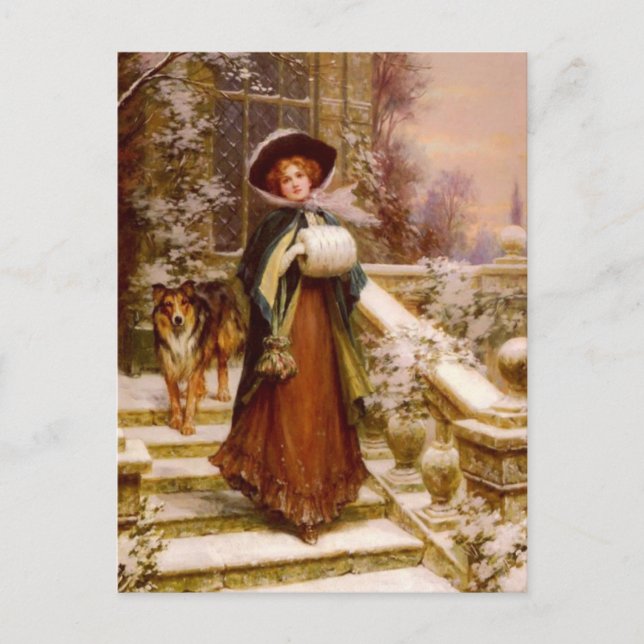 Victorian Woman med Collie Hund-Helgdag Helg Vykort (Framsida)