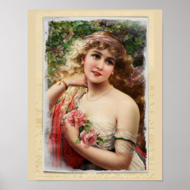 Victorian Woman med Rosa ros Romantic Poster (Framsidan)