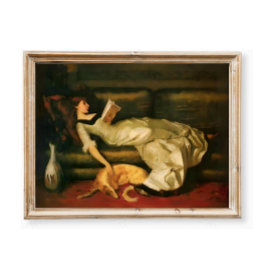 Victorian Woman Reading With Dog, Neutral Tones Poster