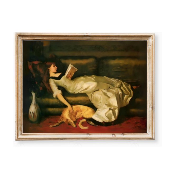 Victorian Woman Reading With Dog, Neutral Tones Poster (Skapare uppladdad)