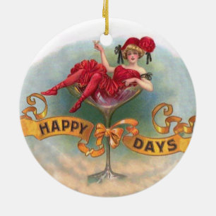 Victorian Woman Red Champagne Lycklig Julgransprydnad Keramik