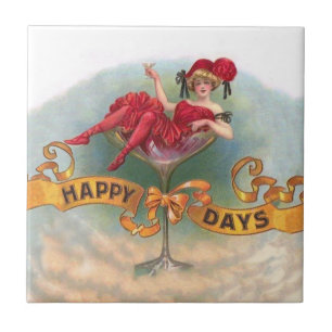 Victorian Woman Red Champagne Lycklig Kakelplatta