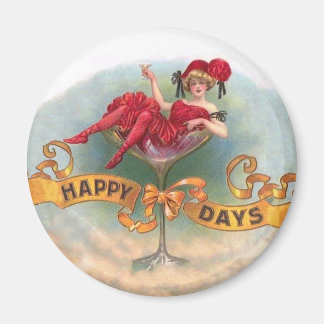 Victorian Woman Red Champagne Lycklig Magnet (Framsidan)