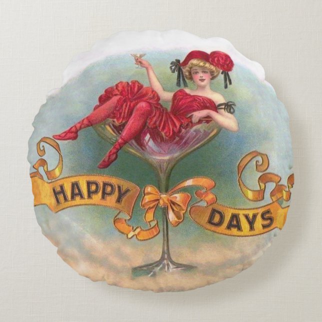 Victorian Woman Red Champagne Lycklig Rund Kudde (Framsidan)