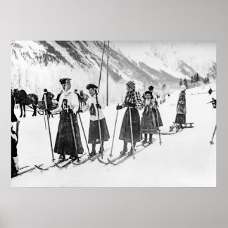 Victorian Woman Skiers, Black and White Vintage Poster