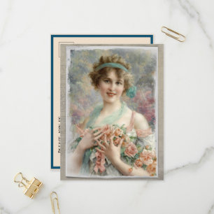 Victorian Woman w/ Ro på vattenfärgsbakgrund Inbjudan Vykort