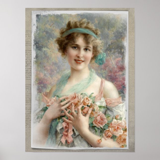 Victorian Woman w/ Ro på vattenfärgsbakgrund Poster (Framsidan)