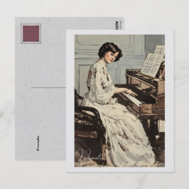 Victorian Woman White Dress Piano Music Vintage Vykort