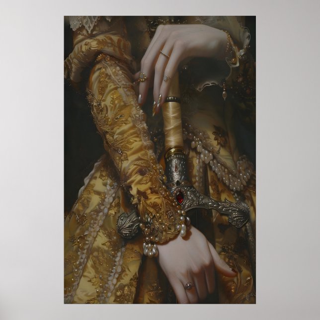 Victorian Woman with Sword in Gold Gown Medieval Poster (Framsidan)