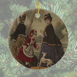Victorian Women Girl & Hund på en rulle Julgransprydnad Keramik