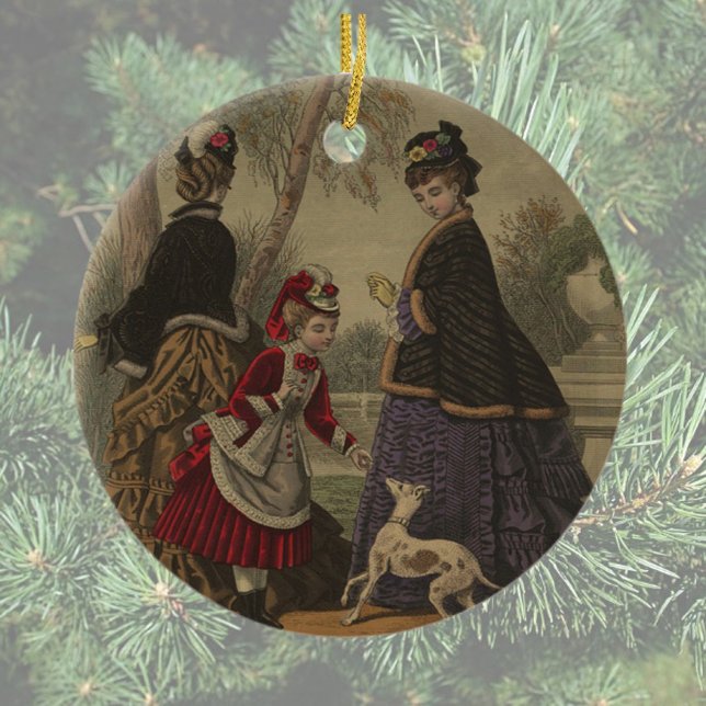 Victorian Women Girl & Hund på en rulle Julgransprydnad Keramik (Skapare uppladdad)