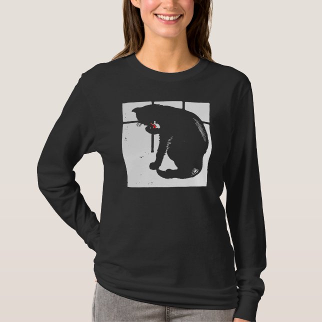 Victorian Woodcut Black Cat On T Shirt (Framsida)