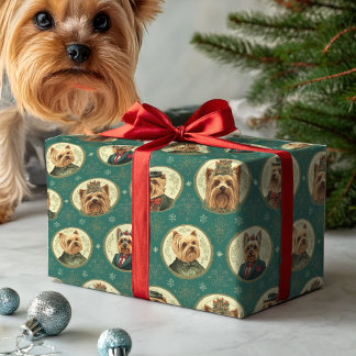 Victorian Yorkie Christmas Portraits on Emerald Gr Presentpapper