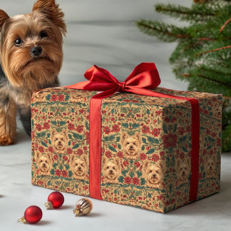 Victorian Yorkie Holiday Floral på antikt guld Presentpapper