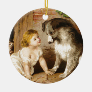 Victorianflicka och henne hund julgransprydnad keramik
