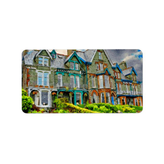 Victorianhuset i Keswick, färgat i vattenfärg Adressetikett