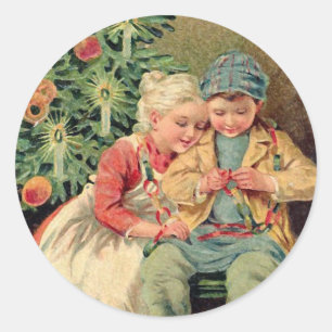 Victorianillustration på julkort runt klistermärke