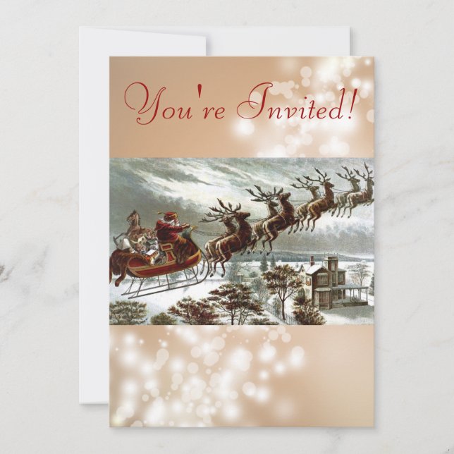 Victorianjultomten ren och Sleigh Inbjudningar (Framsida)