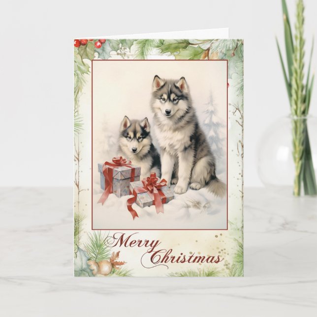 Victoriansk Alaskan Malamute Valp Jul Helgkort (Framsida)
