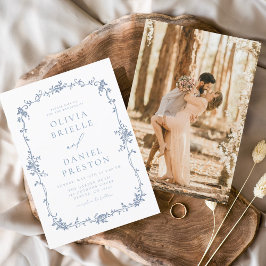 Victoriansk Antik Fransk Foto Blå Bröllop Inbjudningar