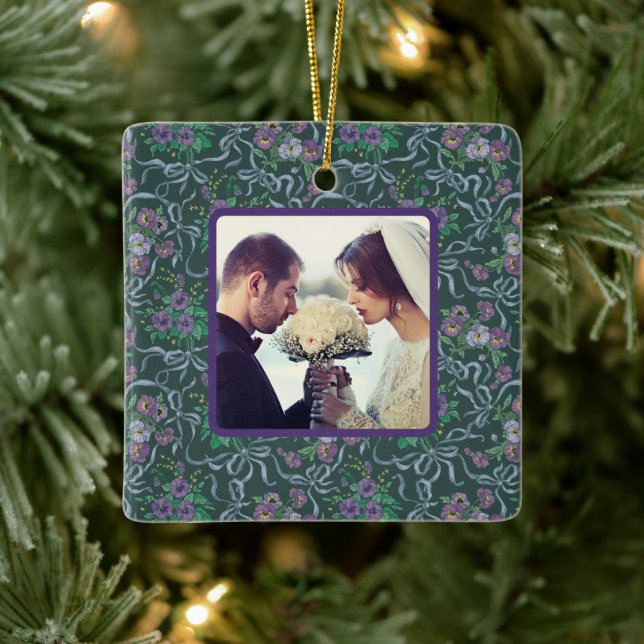 Victoriansk antika lila penséer Blå band Foto Julgransprydnad Keramik (Träd)