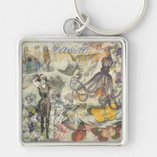 Victoriansk badskönhet Kraken Vintage Surrealism Fyrkantig Silverfärgad Nyckelring