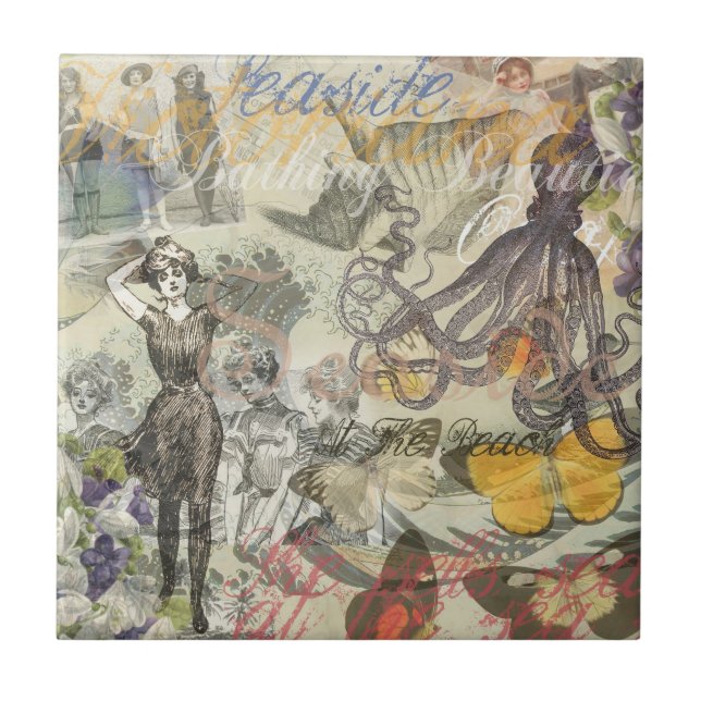 Victoriansk badskönhet Kraken Vintage Surrealism Kakelplatta (Framsidan)